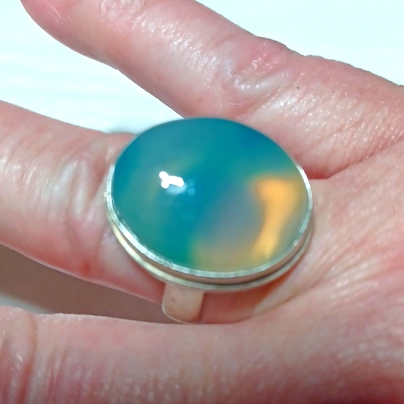 Green botswana agate ring size 8 cocktail glowy turquoise aqua handmade silver - Picture 2 of 4
